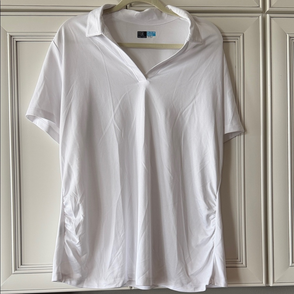 PGA Tour White Short-Sleeve Button-Down Polo Top with Side Ruching